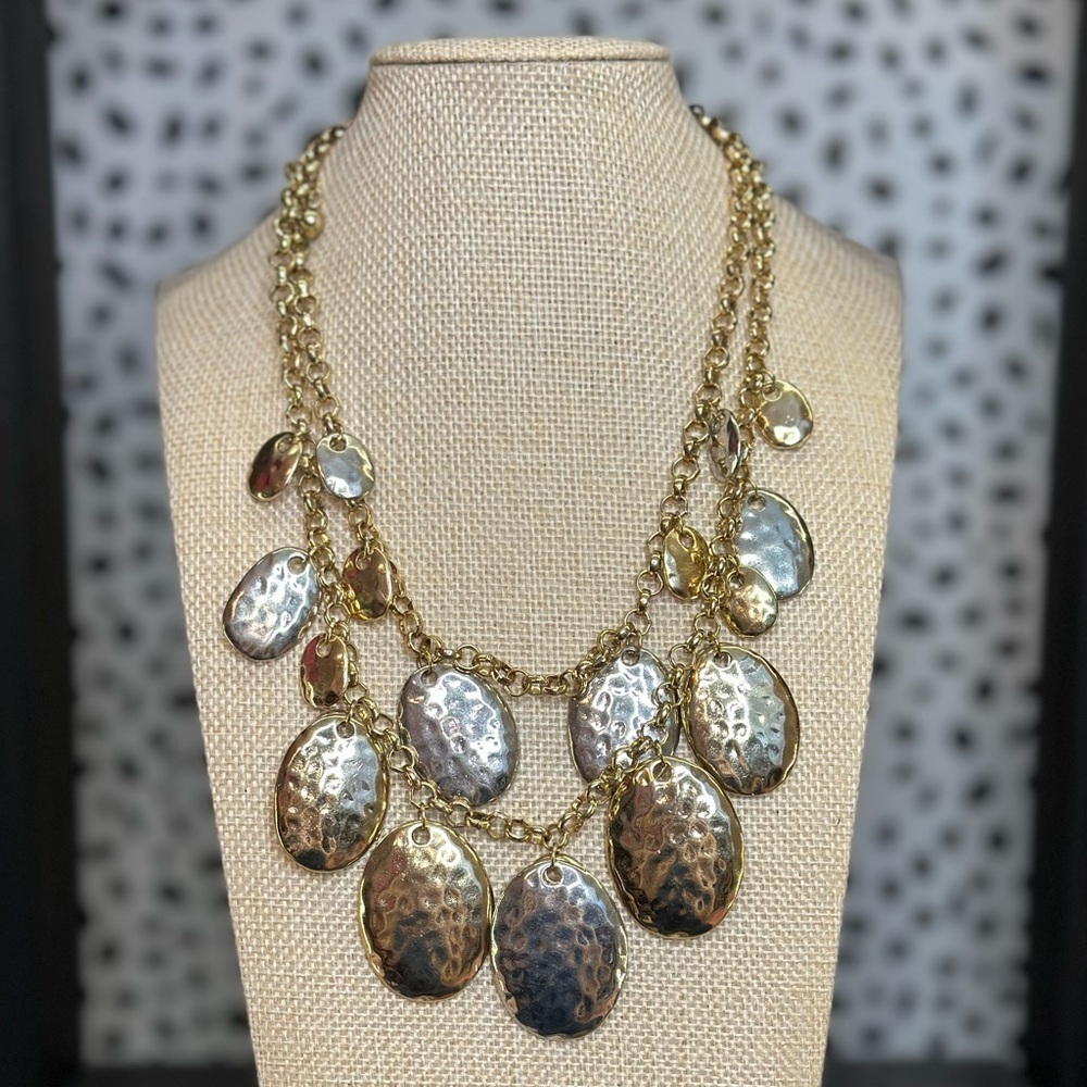 Double Layer Mixed Metals Gold Silver Medallion Adjustable Statement Necklace - Picture 2 of 4